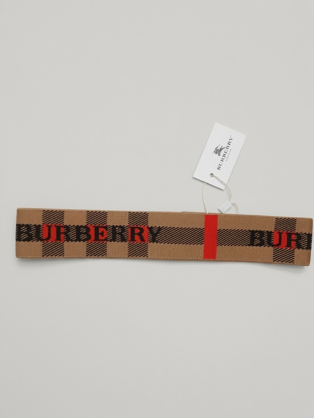 Tan Check Stretch Headband with Red Stripe and Black Logo
